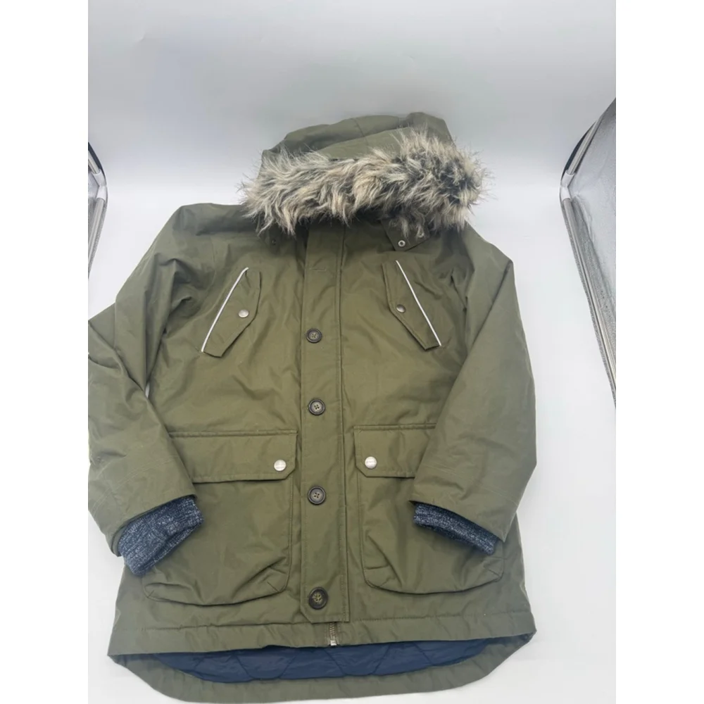 Boys Boden Waterproof Parker with Faux Fur Hood Size 11/12 Olive Green - Picture 1 of 10